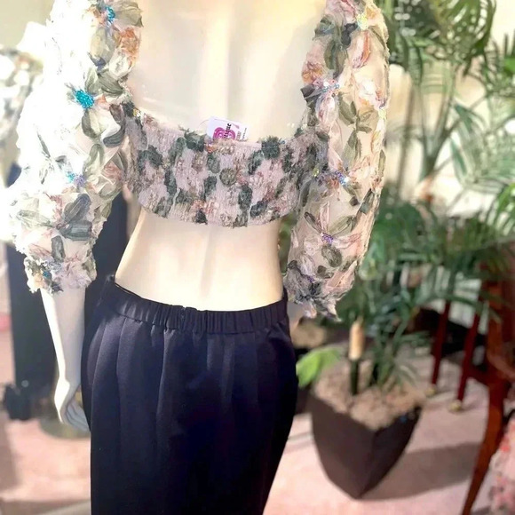 STORiA IVORY AND SAGE SEQUIN BABY DOLL CROP TOP WITH PUFF SLEEVES SIZE SMALL - Picture 11 of 15